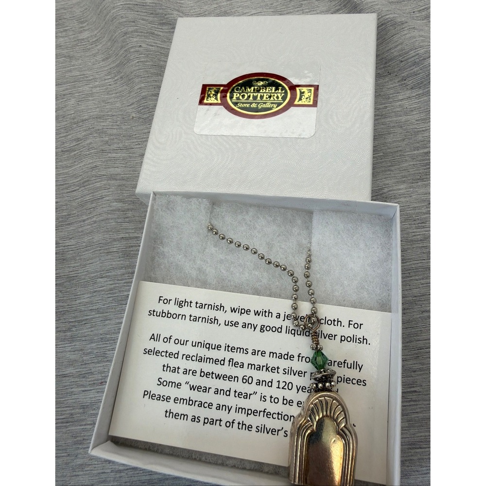 Campbell Pottery Reclaimed Silver Plate Bell Pendant Necklace Green Crystal Bead